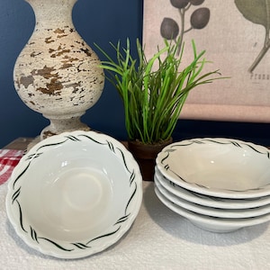 Vintage Sterling Vitrified / Ironstone China Diner / Restaurant Bowls - białe z zielonym obszyciem - 5 dostępnych