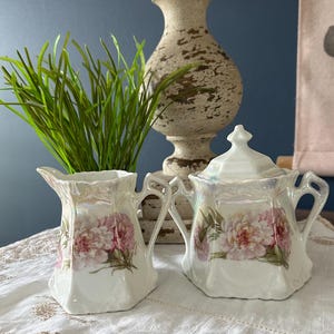 Vintage Antique German Iridescent Porcelain Hexagon Pink Floral Sugar Bowl with Lid and Creamer