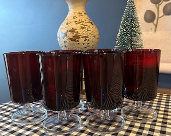 Vintage Luminarc Arcoroc Ruby Red Water Goblet: French Stemmed Glass- Christmas Table