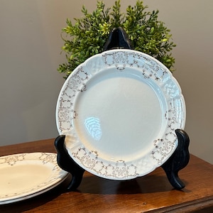 May include: White vintage plate with a silver floral design around the rim. The plate has a scalloped edge and is displayed on a black stand. Another plate is partially visible in the foreground.
