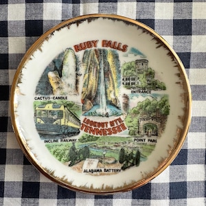 May include: A round white ceramic souvenir plate with a gold-trimmed edge featuring colorful illustrations of Ruby Falls, Lookout Mtn. Tennessee, Cactus-Candle, Incline Railway, Entrance, Point Park, and Alabama Battery with printed text labels.