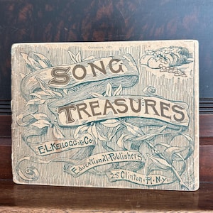 Op de afbeelding: Oude boekomslag met de titel "Song Treasures" met sierlijke krullen en tekst. De omslag toont de tekst "SONG TREASURES" in een banner, met de naam en het adres van de uitgever. Copyright 1887.