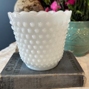 Vintage Fire King White Milk Glass Hobnail Ruffled Edge 5&quot; Vase / Planter
