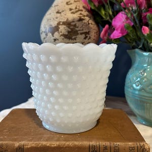 Vintage Fire King White Milk Glass Ruffled Edge Hobnail  4 1/2&quot; Vase / Planter