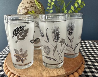 Vintage Set of 6 Libbey Frosted Leaves and Wheat Juice Glasses-Great for your Fall Brunch Table!