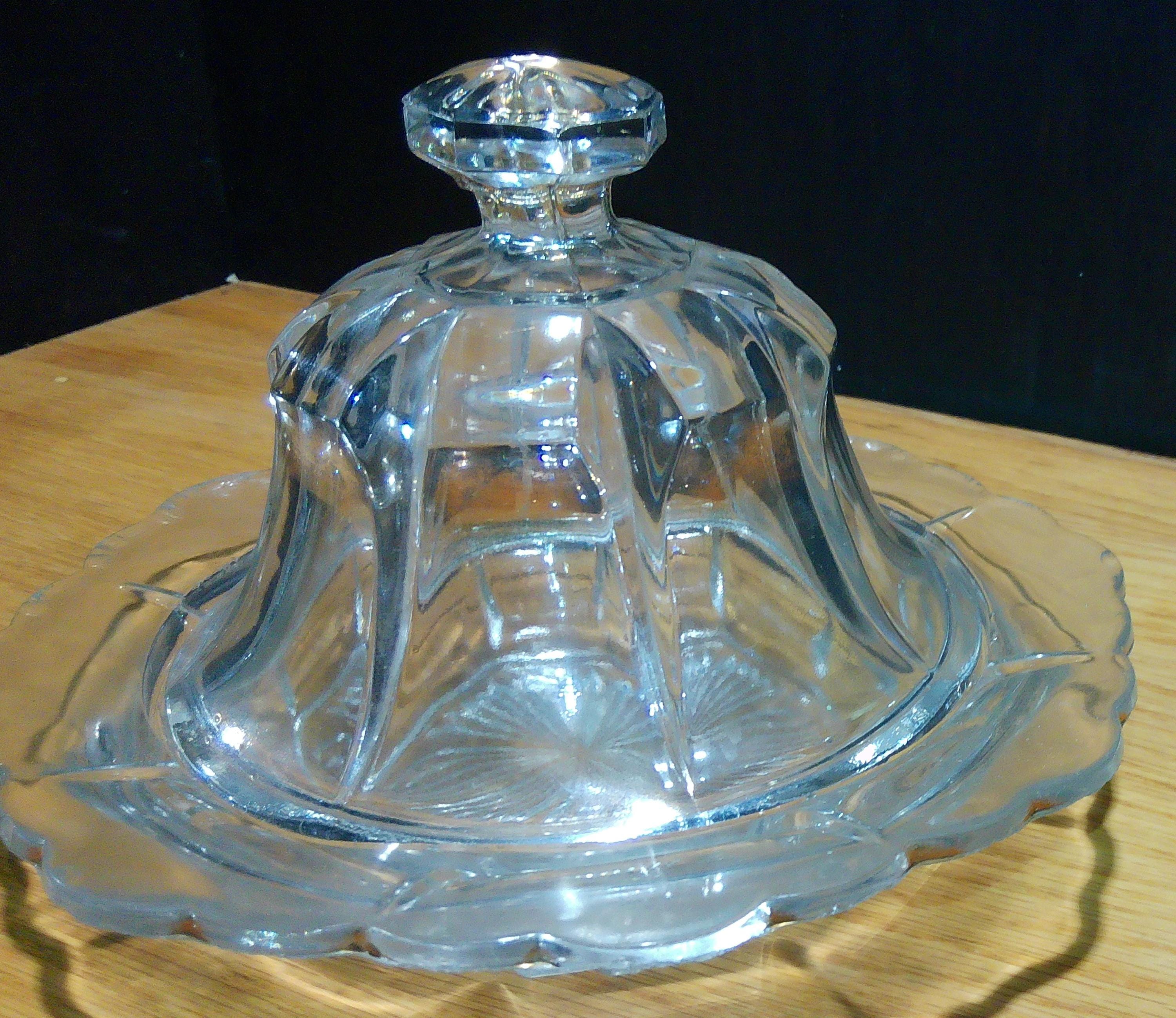 United States Glass Company Covered Butter Dish with Tinges of Gold Coloring still on it.