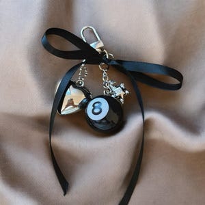Punk 8-Ball Keychain with 3D Heart & Star Charms – Y2K Aesthetic Phone Bag Accessory Jewelry image 1