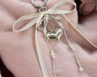 Pearl Bow Keychain Beaded Keychain Korean Style Y2K Heart Bag Accessory for School Bags