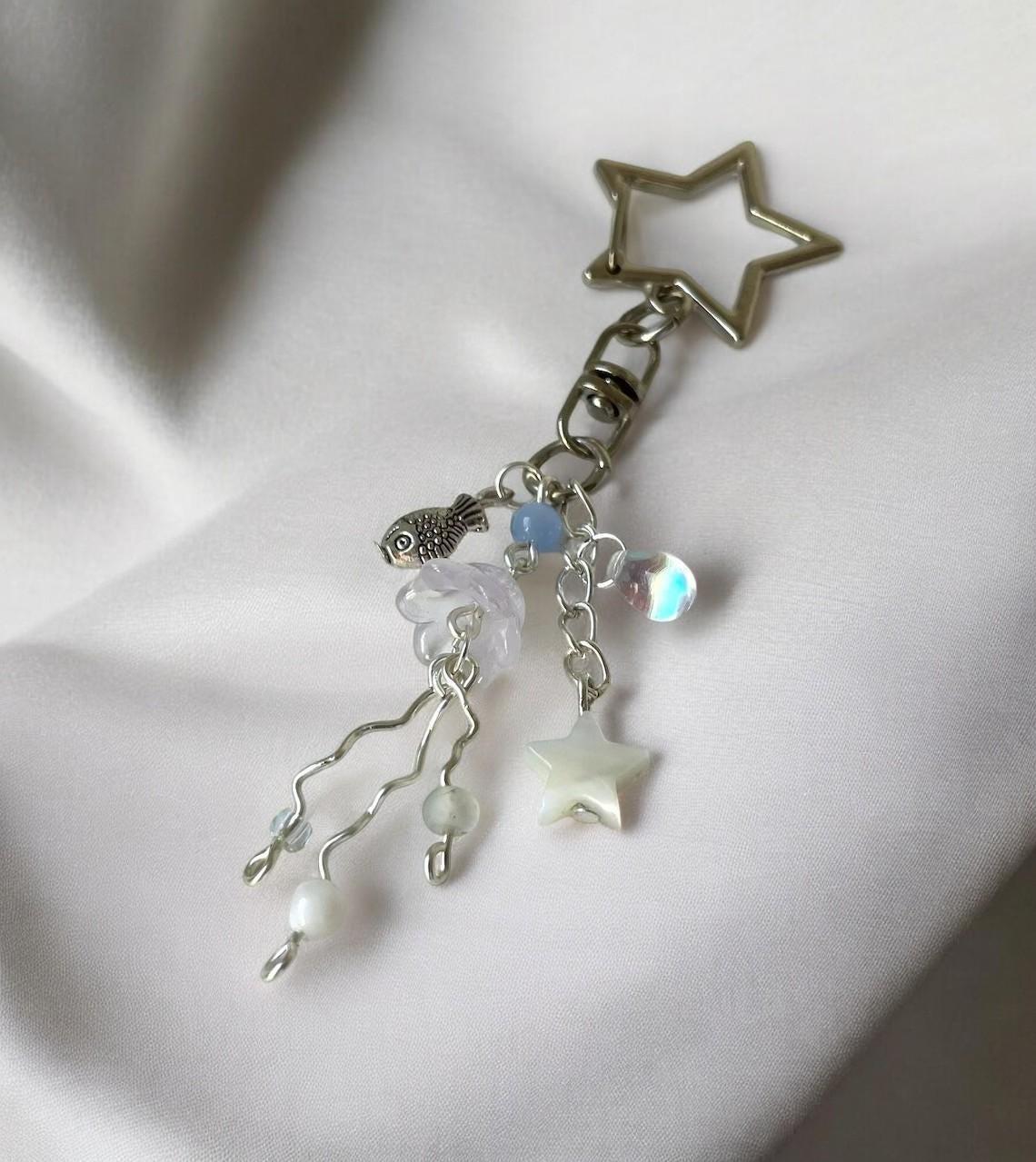 Handmade Wave Fish Sea-themed Beaded Keychain | White & Blue Ocean ...