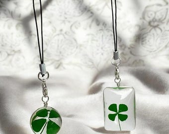 Green Four Leaf Clover Keychain - Lucky Symbol Glass Phone Lanyard Accessory Gift Ideas