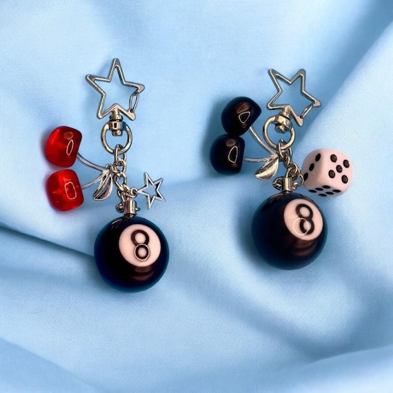 Y2K Number 8 Ball, Cherry, Dice & Star Keychain - Retro