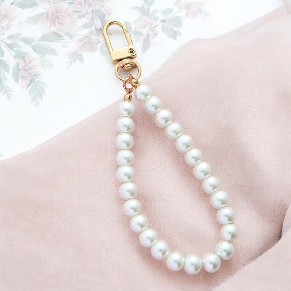 Portachiavi Donna Oro Con Perle Finte E Ciondolo A Cuore – Accessorio Per Borsa E Zaino, Portachiavi Elegante, Colore Bianco