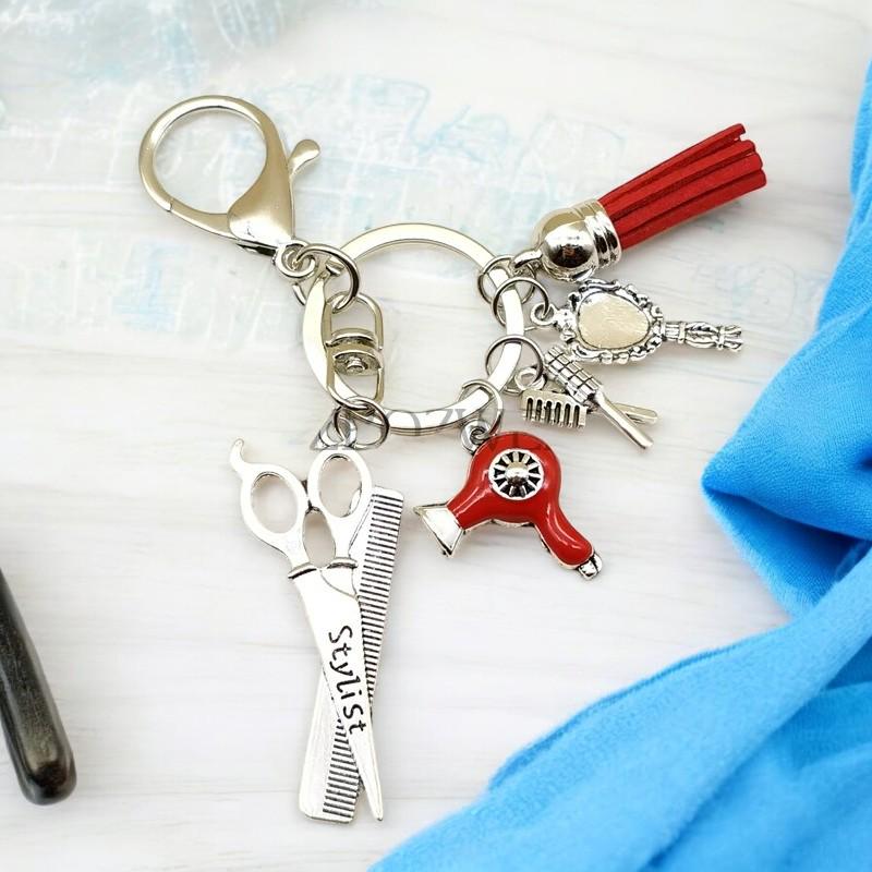 Föhn-Kamm-Schere Schlüsselanhänger Aus Metall – Friseur-Geschenk Für Barber & Stylist – Silberfarben