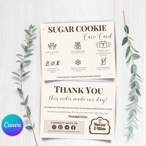 May include: Two beige cards with text and illustrations, one labeled "SUGAR COOKIE Care Card" and the other "THANK YOU." The cards provide cookie care instructions and a thank you message. Green sprigs frame the cards.