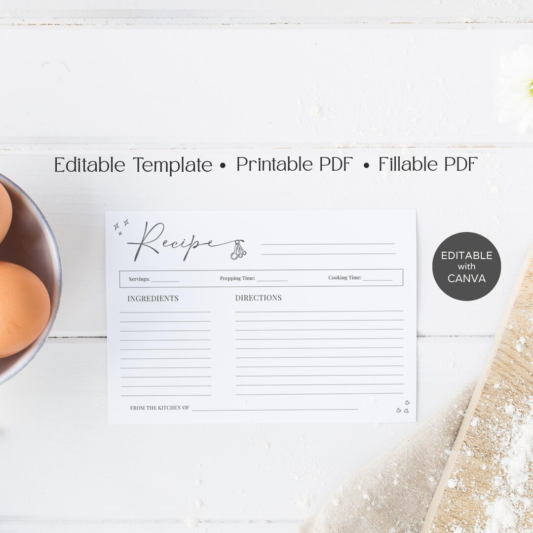 Editable Recipe Card Template, Printable Recipe Card & Fillable PDF ...