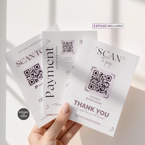 May include: Three white payment cards with QR codes and text. The cards say "Scan to Pay", "Payment Accepted Here", and "Thank You". The cards are for Butter & Bliss Bakery and include payment options like PayPal and Venmo.