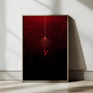 Melody X - donkere abstracte kunstprint, typografische muurposter, dramatisch modern decor, rode en zwarte digitale illustratie, conceptueel kunstwerk