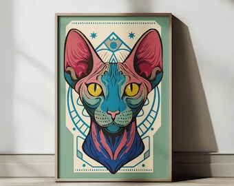 Poster psichedelico del gatto Sphynx - Arte murale felina psichedelica (download digitale)