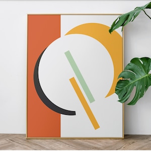 Könnte beinhalten: Abstrakter geometrischer Kunstdruck mit einer schwarzen Halbmondform, einer gelben Halbmondform, einer grünen und orangefarbenen Linie und einem roten und weißen Hintergrund.
