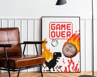 Game Over Dinosaur Pixel Art Print – Retro Gamer Room Decor (Digital Download)