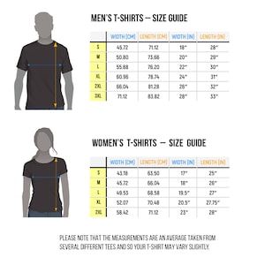 May include: Size guide for men's and women's t-shirts, with measurements in inches and centimeters. The guide includes width and length measurements for sizes S to 3XL for men's shirts and S to 2XL for women's shirts. The text at the bottom states that measurements are averages.