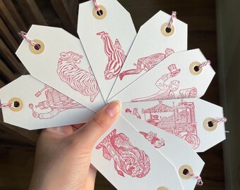 Circus Gift Tags | Handmade | Hand-stamped | Reinforced Gift Tag | Circus Birthday Party | Favors | Vintage Carnival