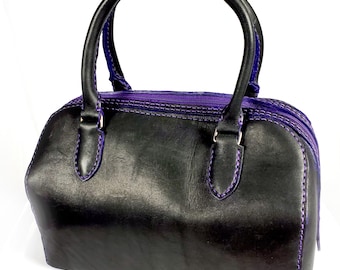 70's USA製 Leather mini boston bag Handmade Black Leather Barrel Bag: Mini Boston Bag With Top