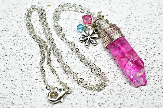 Pink Fuchsia Mystic Raw Quartz Wire Wrapped Crystal Necklace | Etsy