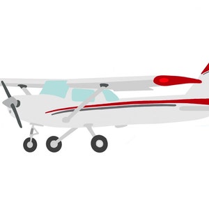 May include: A white single-engine airplane with red accents and a gray propeller. The airplane has a small window in the cockpit and three wheels.