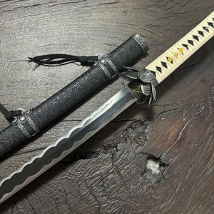 Hand Forged Japanese Katana Style Blade, Inspired by Sekiro, Blackened 1060 Steel Blade, Antique Copper Lotus Tsuba, Full Tang Display Piece