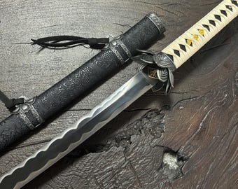 Hand Forged Japanese Katana Style Blade, Inspired by Sekiro, Blackened 1060 Steel Blade, Antique Copper Lotus Tsuba, Full Tang Display Piece
