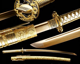 Handcrafted Japanese Style Sword - Gilded Manganese Steel Blade, Imperial Dragon Tsuba, Gold Floral Leather Sheath, Collectible Art Piece
