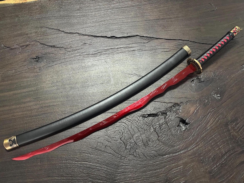 May include: A red and black katana sword with a black scabbard. The sword features a red blade with a unique wavy design. The handle is black with red accents, and the scabbard is black with gold details.