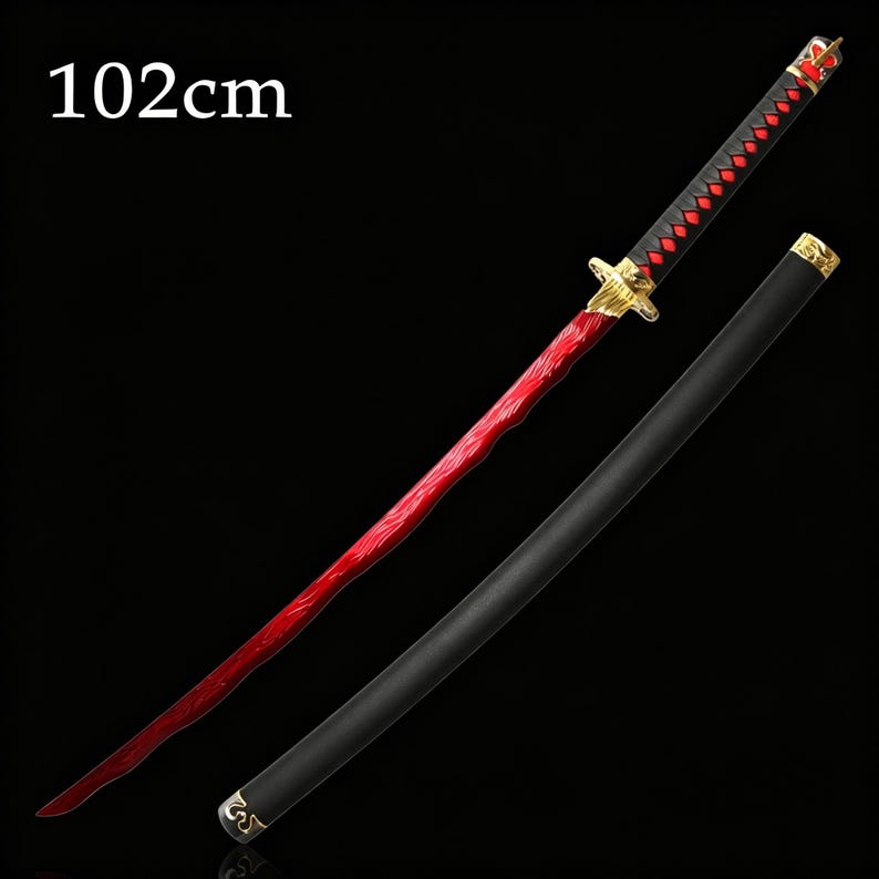 May include: A red and black katana sword with a black scabbard. The sword blade is red, and the handle is black with red diamond-shaped accents. The sword is 102cm long.