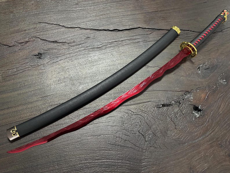 May include: A red and black katana sword with a black scabbard. The sword features a red blade with a wavy design, a black handle wrapped with red cord, and gold accents. The scabbard is black with gold details.