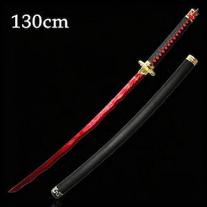 May include: A red and black katana sword with a 130cm blade, displayed against a black background. The sword features a red blade, black handle with red diamond accents, and gold-colored accents. The scabbard is black with gold detailing.