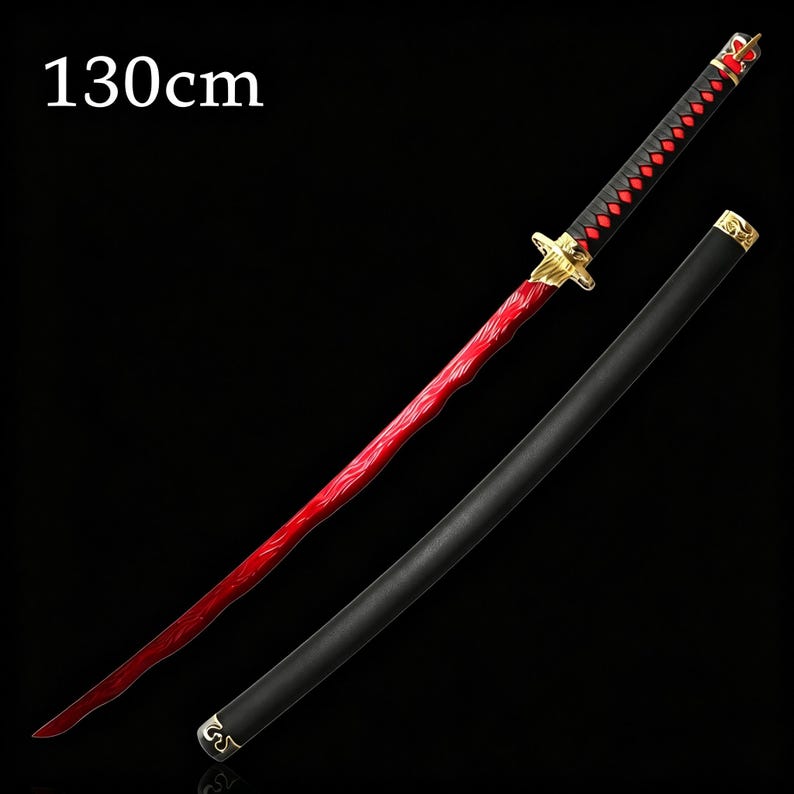 May include: A red and black katana sword with a 130cm blade, displayed against a black background. The sword features a red blade, black handle with red diamond accents, and gold-colored accents. The scabbard is black with gold detailing.