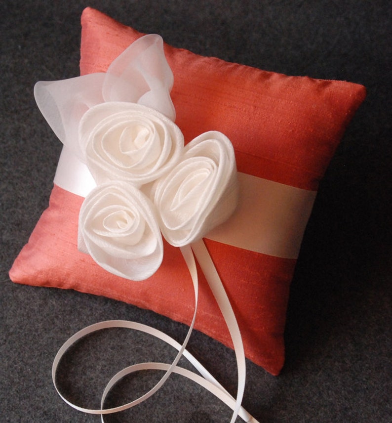 Elizabeth Coral Silk Ring Pillow with Handmade Chiffon Flowers Ring Bearer Pillow