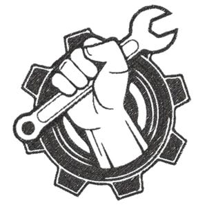 Könnte beinhalten: Schwarz-weiße Illustration einer Hand, die einen Schraubenschlüssel hält, vor einem Zahnrad. Das Design hat einen texturierten, skizzierten Look, der auf ein mechanisches oder industrielles Thema hindeutet. Der Schraubenschlüssel steht im Mittelpunkt, fest in der Hand.