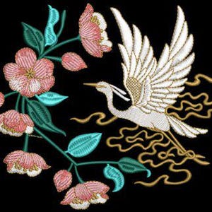 Cranes And Blossom Embroidery, Machine Embroidery, Japanese Crane, Floral Crane, Elegant Bird, Floral Embroidery, Nature Inspired, Asian