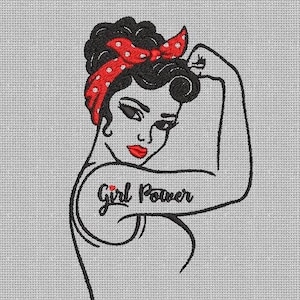 Può includere: Illustrazione in bianco e nero di una donna con una fascia a pois rossi, che flette il bicipite con il testo "Girl Power" sul braccio.