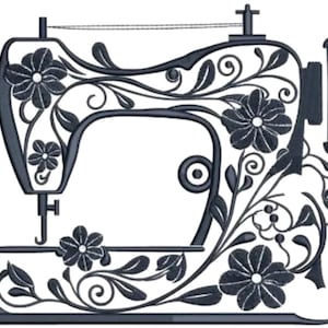 May include: A detailed illustration of a vintage sewing machine. The machine is dark gray with floral embellishments and decorative flourishes. The design includes flowers, leaves, and intricate scrollwork, creating an elegant aesthetic.