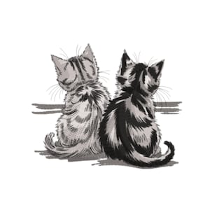 Op de afbeelding: Een zwart-wit illustratie van twee katjes die rug aan rug zitten. Het linkerkatje is lichtgrijs met donkergrijze strepen, het rechterkatje is zwart met witte strepen. Ze zitten op een lichtgrijze ondergrond, een eenvoudige afbeelding.