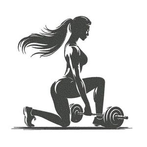 May include: A black and white silhouette of a person lifting weights. The person is in a lunge position, holding a barbell. The image is a graphic illustration, perfect for fitness-related products.