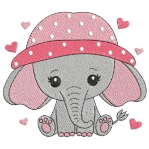 Cartoon Embroidery Design, Cute Baby Elephant Machine Embroidery Design, Beautiful, Children, Kids, Kid, Hearts, Big Eyes, Grey,Pink,Animals