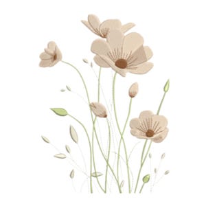 May include: A digital illustration of a bouquet of beige flowers with brown centers and green stems. The flowers have a textured appearance, and the stems are thin and delicate. The background is plain white.