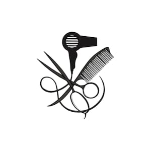 May include: Black silhouette of hairstyling tools on a white background. The image features a hair dryer, scissors, and a comb. The scissors are open, and the comb has many teeth. The tools are arranged in a decorative style.