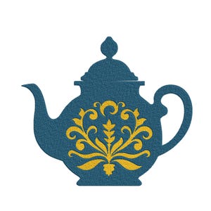 May include: A blue teapot with a yellow floral design. The teapot has a handle, spout, and lid. The floral design is centered on the body of the teapot. The background is white.