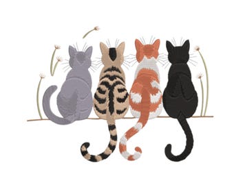May include: An embroidered design featuring four cats sitting side-by-side, viewed from the back. The cats are gray, brown tabby, orange and white, and black. They are perched on a brown line with stylized floral accents.