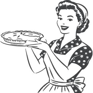 Könnte beinhalten: Schwarz-Weiß-Illustration einer Frau, die einen Kuchen präsentiert. Sie trägt ein Oberteil mit Blumenmuster, eine Schürze und eine Schleife. Der Kuchen, auf einem Teller, hat einen Teig. Das Bild hat einen Vintage-Stil, Retro.